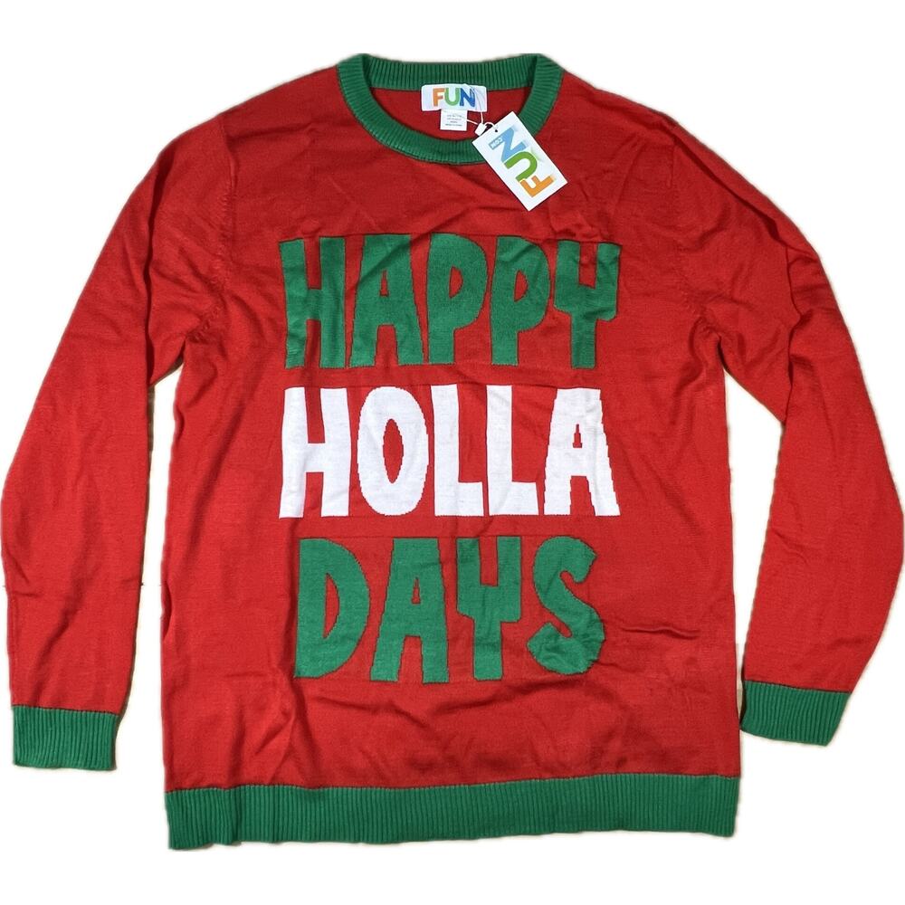 NWT FUN Happy Holla Days Christmas Sweater Red Green Ugly Holiday Party‎ Mens M